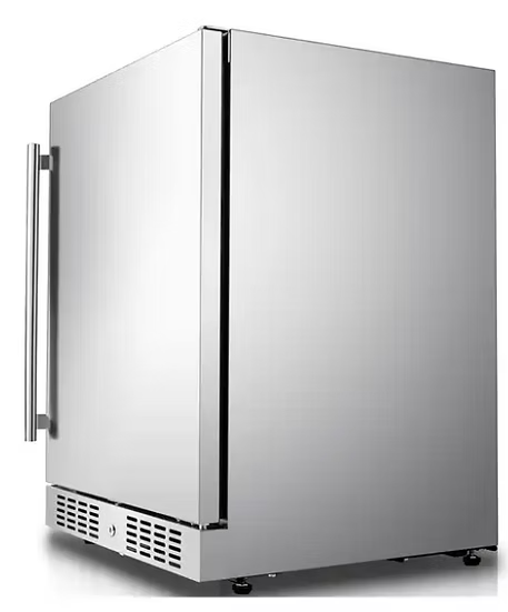 The Kokomo Grills Professional Luxury Outdoor Kitchen Refrigerator KO-LUX-FRIDGE is a stainless steel, single-door fridge with a vertical left-side handle—ideal for any luxury outdoor kitchen. Photographed from the front against a white background.