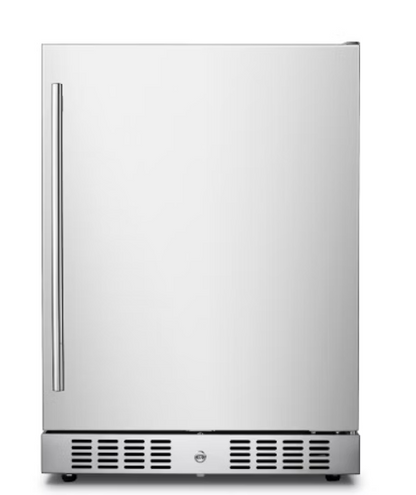The Kokomo Grills Professional Luxury Outdoor Kitchen Refrigerator KO-LUX-FRIDGE is a stainless steel fridge with a left-side vertical handle and bottom vented grille, perfect for upscale outdoor kitchens, shown against a plain white background.