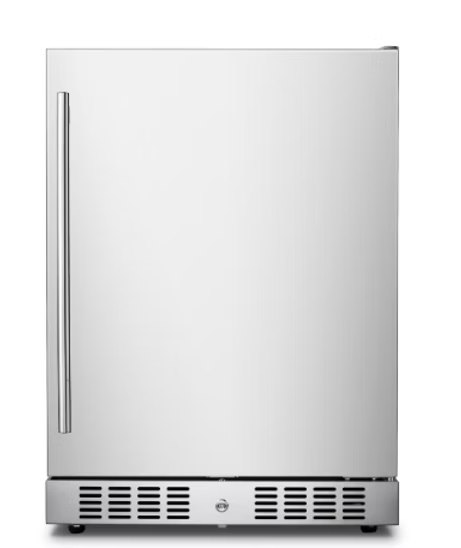 The Kokomo Grills Professional Luxury Outdoor Kitchen Refrigerator KO-LUX-FRIDGE is a stainless steel fridge with a left-side vertical handle and bottom vented grille, perfect for upscale outdoor kitchens, shown against a plain white background.