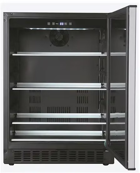 The Kokomo Grills Professional Luxury Outdoor Kitchen Refrigerator KO-LUX-FRIDGE features a black modern design, right-hinged glass door, four metal shelves, and digital temperature display—ideal for any upscale outdoor kitchen.