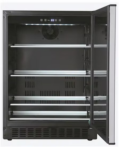 The Kokomo Grills Professional Luxury Outdoor Kitchen Refrigerator KO-LUX-FRIDGE features a black modern design, right-hinged glass door, four metal shelves, and digital temperature display—ideal for any upscale outdoor kitchen.