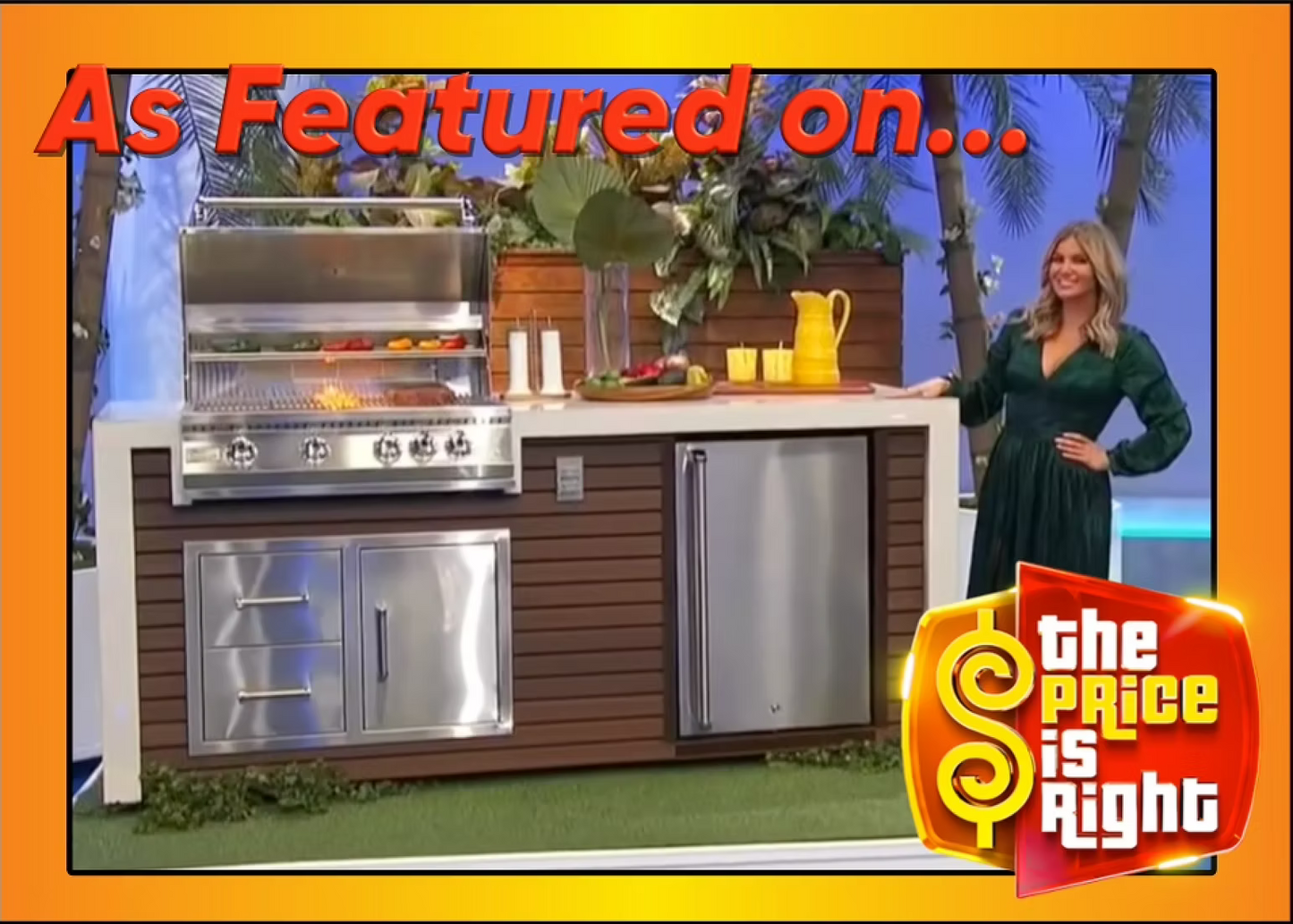 A woman in a green dress stands by a Kokomo Grills Professional Shiplap Built-In BBQ Island Outdoor Kitchen with Waterfall Edge. Text says As Featured on… and The Price Is Right with the show’s logo on an orange background.