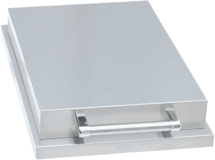 The Kokomo Grills Single Side Burner features a rectangular 304 stainless steel lid with handle on a matching base, shown against a white background—ideal for your outdoor kitchen setup by Kokomo Grills.