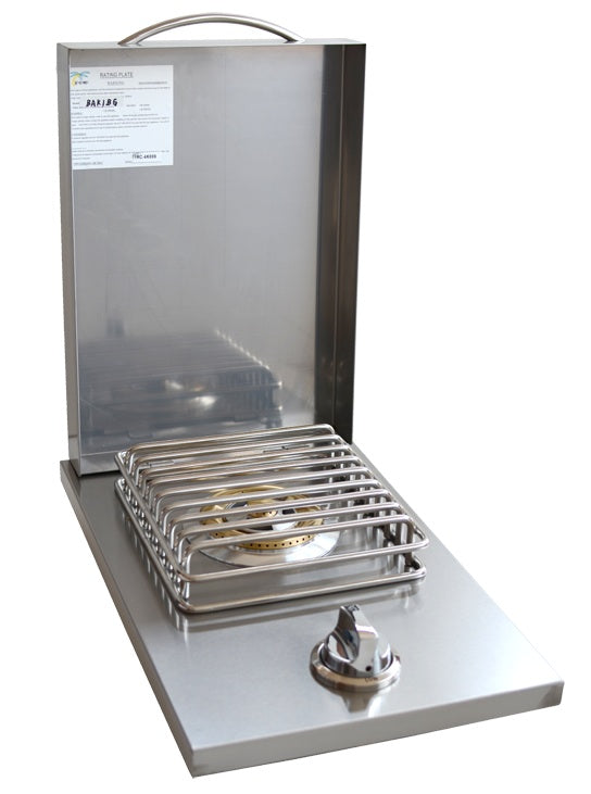 The Kokomo Grills Single Side Burner, made of stainless steel with a control knob and protective grill, is perfect for outdoor kitchens. It features a vertical back panel with a label for added convenience.