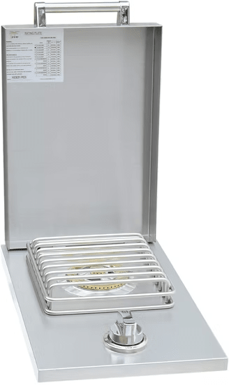 The Kokomo Grills Single Side Burner by Kokomo Grills features 304 stainless steel construction, a single burner, control knob, protective grill, and upright lid—perfect for your outdoor kitchen.
