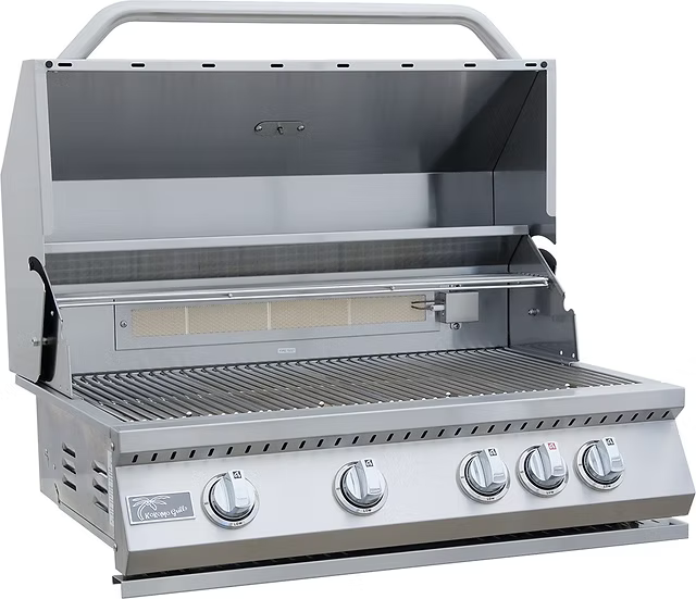 The Kokomo Grills St. John 7-Foot 6-Inch Kitchen Island by Kokomo Grills features a stainless steel outdoor gas grill with four knobs, open lid, grill grates, and rear infrared burner—perfect for BBQ or any outdoor kitchen setup. Clean and unused, ideal for barbecuing.