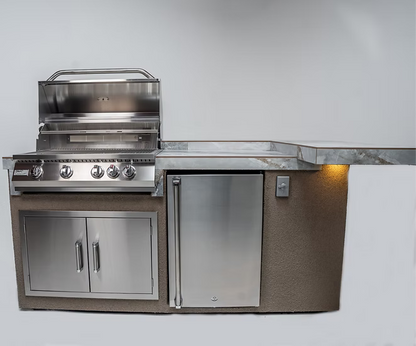 The Kokomo Grills St. John 7-Foot 6-Inch Kitchen Island by Kokomo Grills features a stainless steel grill with four knobs, a built-in mini refrigerator, storage cabinets, and a marble countertop with under-counter lighting.