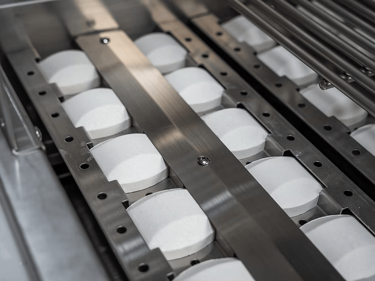 Rows of white circular tablets move along an automated production line, guided by metal components with precision—much like assembling a Kokomo Grills St. John 7-Foot and 6-Inch Kitchen Island from Kokomo Grills.