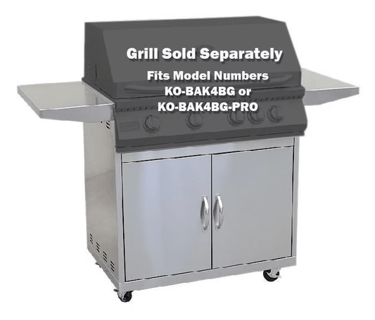 The Kokomo Grills Stainless Steel Cart fits Kokomo 3, 4, or 5 burner grills. Made from heavy-duty 304 stainless steel, it features side shelves, double doors, and “Grill Sold Separately” text on the hood. Brand: Kokomo Grills.