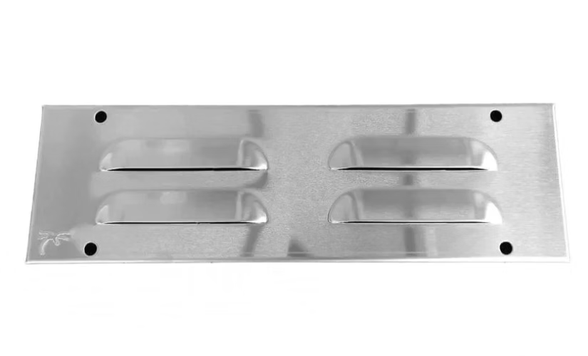 The Kokomo Grills Stainless Steel Outdoor Kitchen Vent features two horizontal slots and four screw holes—ideal as a vent cover or griddle insert for your outdoor kitchen. Stainless steel, rectangular design by Kokomo Grills.