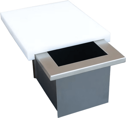 The Kokomo Grills Trash Chute and Cutting Board KO-TRSCH is a stainless steel, open-top container with a partial white cutting board—ideal for kitchen prep, outdoor kitchens, or use with Kokomo Grills trash chute systems.