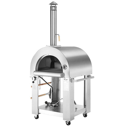 The Empava Silver Outdoor Wood Fired and Gas (Dual Fuel) Pizza Oven by Empava features stainless steel construction, a tall chimney, built-in thermometer, handles, wheels for mobility, a curved top, and an open front for easy access to the cooking area.