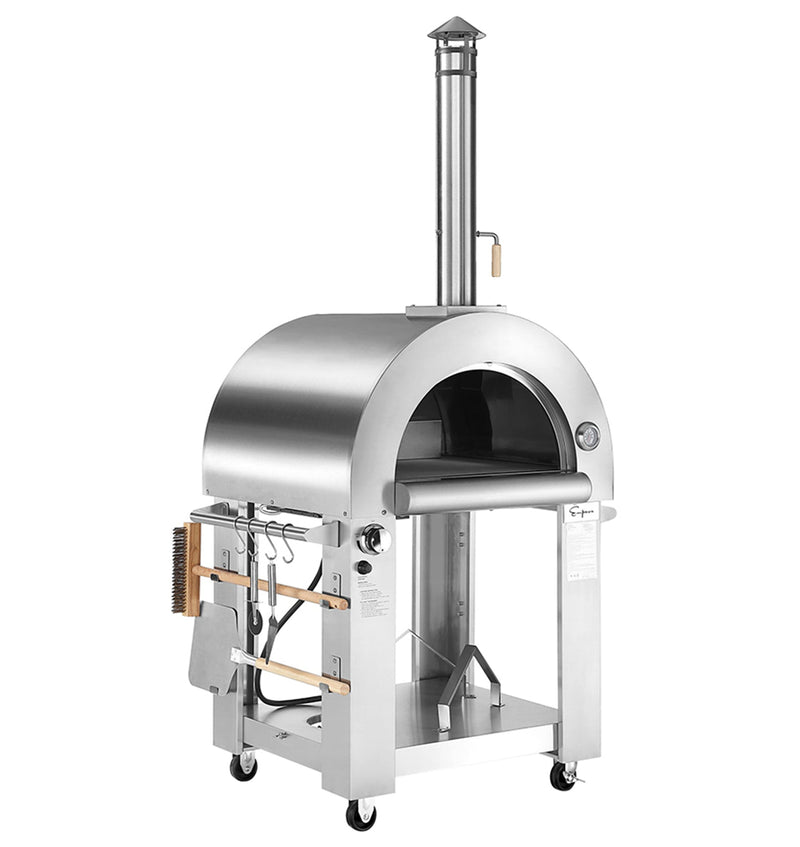 The Empava Silver Outdoor Wood Fired and Gas (Dual Fuel) Pizza Oven by Empava features stainless steel construction, wheels, a chimney, arched opening, and a side rack for cooking tools like a brush, peel, and tongs.