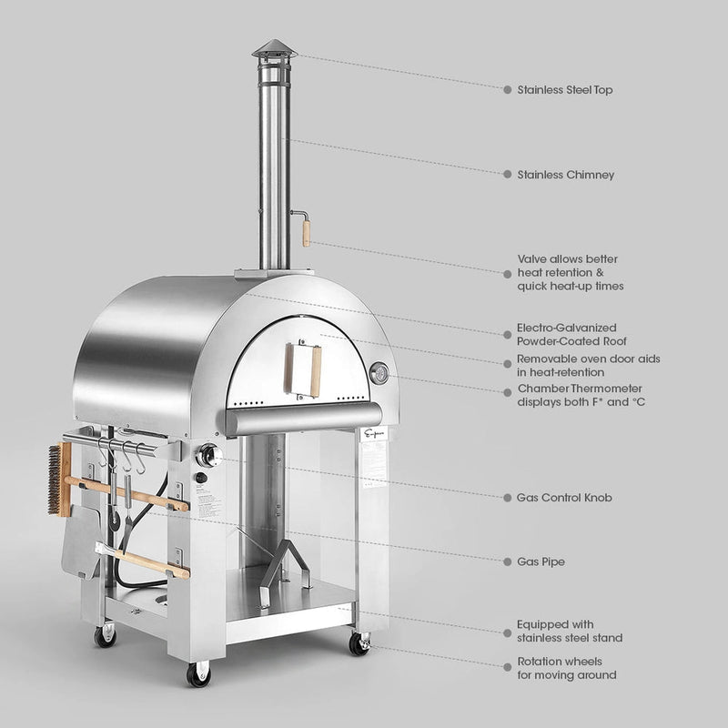 The Empava Silver Outdoor Wood Fired and Gas (Dual Fuel) Pizza Oven by Empava is a stainless steel oven with a chimney, side tools, wheels, thermometer, gas control knob, removable door, and heat retention valve for wood or gas cooking.