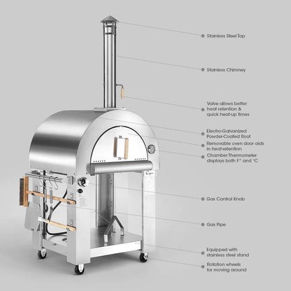 The Empava Silver Outdoor Wood Fired and Gas (Dual Fuel) Pizza Oven by Empava is a stainless steel oven with a chimney, side tools, wheels, thermometer, gas control knob, removable door, and heat retention valve for wood or gas cooking.