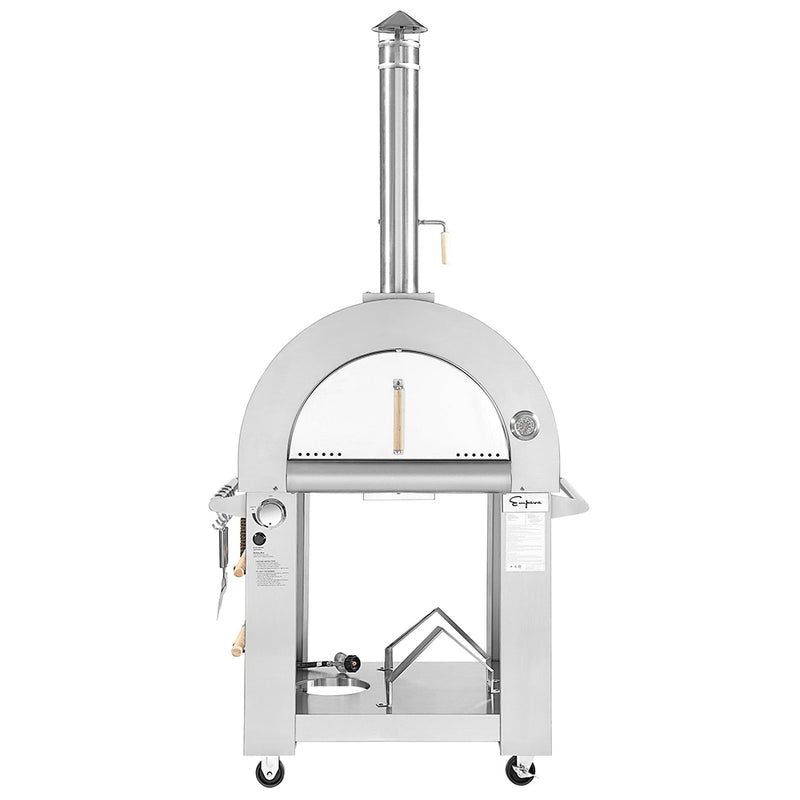 The Empava Silver Outdoor Wood Fired and Gas (Dual Fuel) Pizza Oven by Empava features stainless steel construction, a tall chimney, rounded top, side shelves with utensil hooks, built-in thermometer, and wheels for easy mobility.