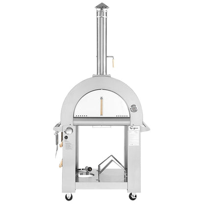 The Empava Silver Outdoor Wood Fired and Gas (Dual Fuel) Pizza Oven by Empava features stainless steel construction, a tall chimney, rounded top, side shelves with utensil hooks, built-in thermometer, and wheels for easy mobility.