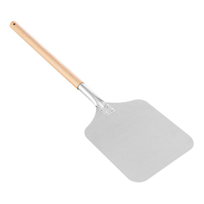 A metal pizza peel with a flat, rectangular silver blade and long wooden handle, ideal for sliding pizzas in and out of the Empava Silver Outdoor Wood Fired and Gas (Dual Fuel) Pizza Oven by Empava.