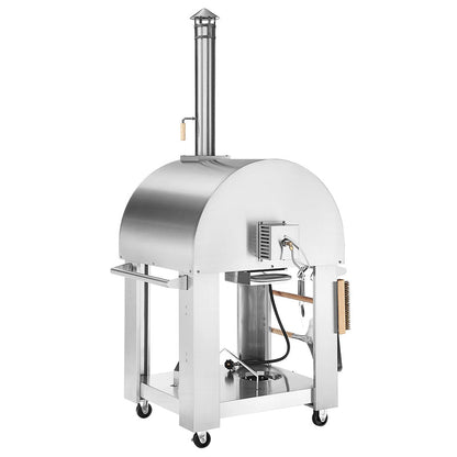 The Empava Silver Outdoor Wood Fired and Gas (Dual Fuel) Pizza Oven by Empava features a stainless steel domed top, chimney, side handles, mounted brush, visible gas/propane connections, and sits on a wheeled cart for versatile outdoor cooking.
