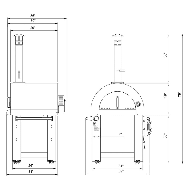 Technical line drawing of the Empava Silver Outdoor Wood Fired and Gas (Dual Fuel) Pizza Oven by Empava, shown from front and side views. Dimensions labeled: height (78), width (39), depth (31). Perfect for any backyard.