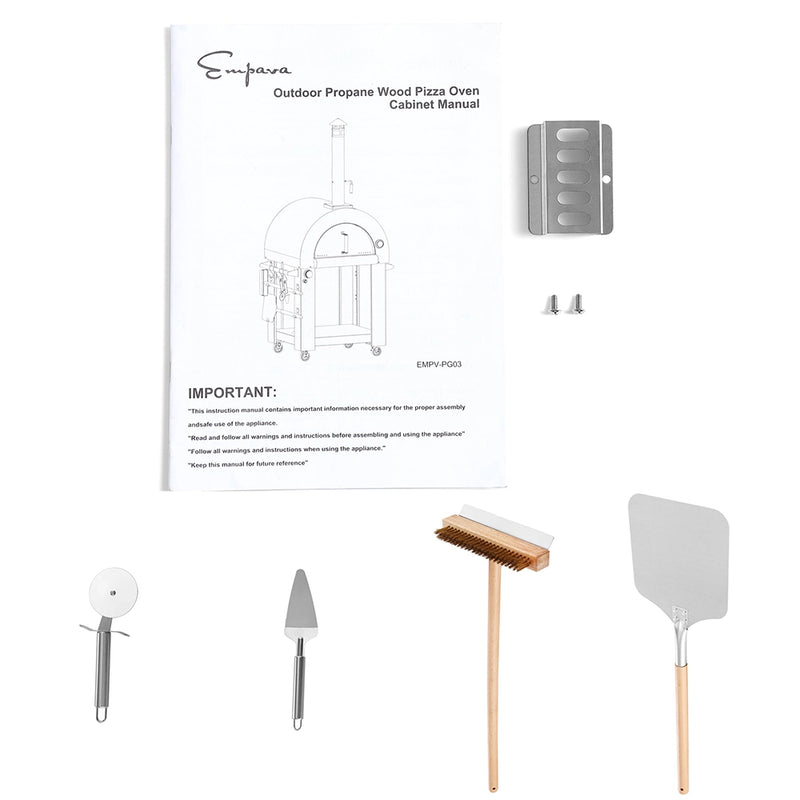 The Empava Silver Outdoor Wood Fired and Gas (Dual Fuel) Pizza Oven by Empava is shown with installation parts, a pizza cutter, serving spatula, wooden-handle cleaning brush, and metal pizza peel arranged on a white background.