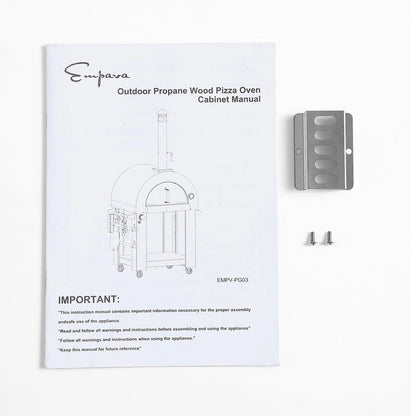 A manual titled "Outdoor Pizza Oven Cabinet Manual" by Empava lies next to a metal bracket and two screws on a white background. The manual features an illustration of the Empava Silver Outdoor Wood Fired and Gas Pizza Oven.