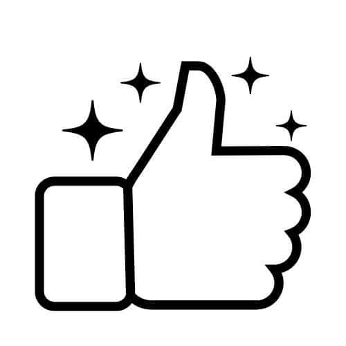 Black and white icon of a hand making a thumbs up gesture.