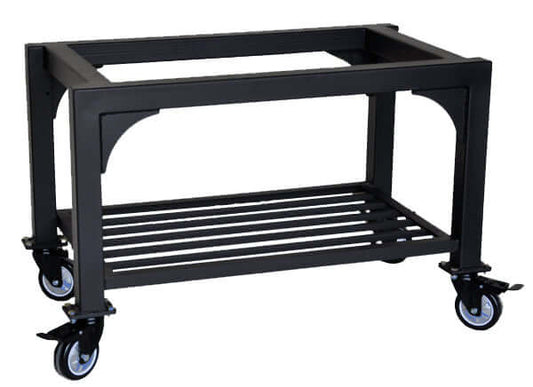 Black metal utility cart with four swivel casters, open rectangular frame, and a slatted lower shelf made for Tuscan Chef select oven models.