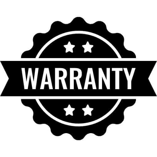 Black outline of a ribbon with the word 'warranty' in the center, with stars above and below it
