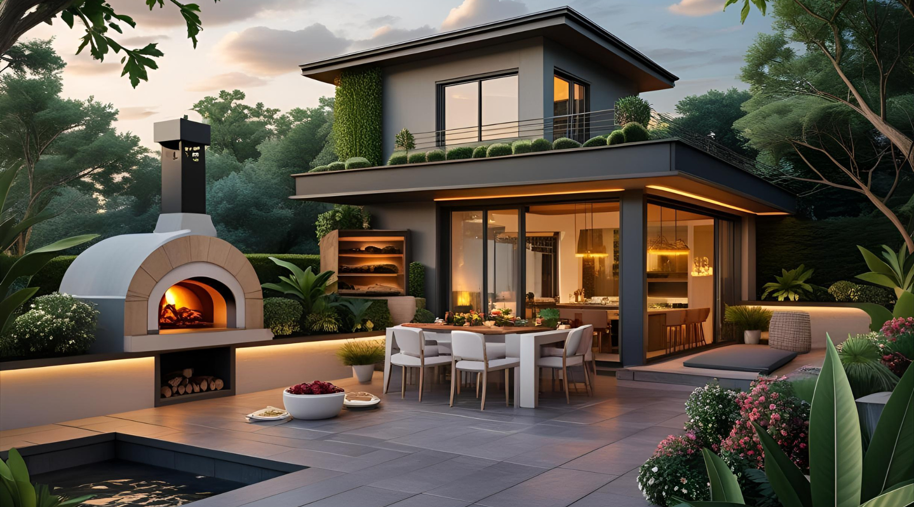 Modern house with outdoor kitchen and dining area at dusk.