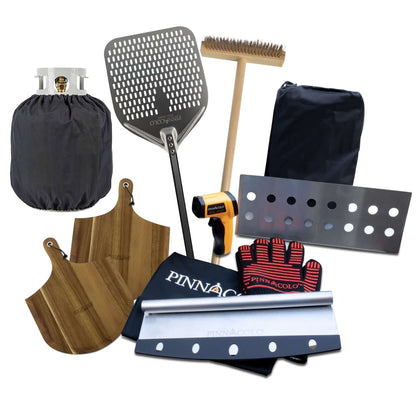 PINNACOLO IBRIDO hybrid pizza oven accessories, including a metal peel, cleaning brush, propane cover, heat glove, infrared thermometer, peels, and —all showcased on a sleek white background.