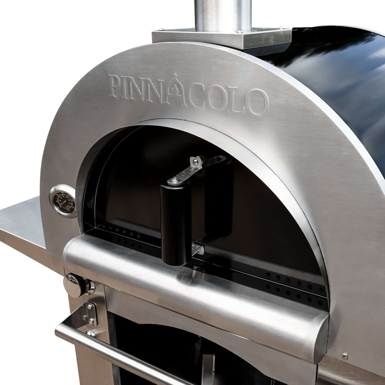 Close-up view of the PINNACOLO IBRIDO (Hybrid) Wood/Gas Outdoor Pizza Oven, with the door closed and "PINNACOLO" logo etched on the upper dome.