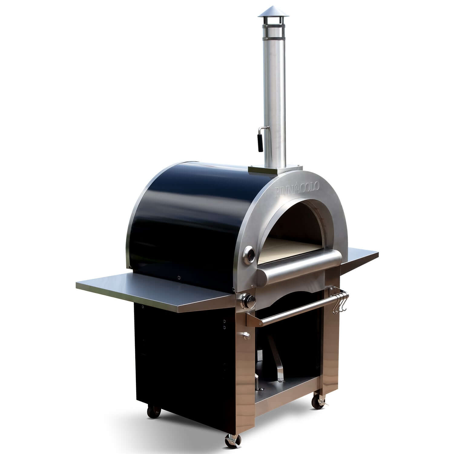 Quarter-side view of the stainless steel PINNACOLO IBRIDO (Hybrid) Wood/Gas Outdoor Pizza Oven, with the cooking surface partially visible.