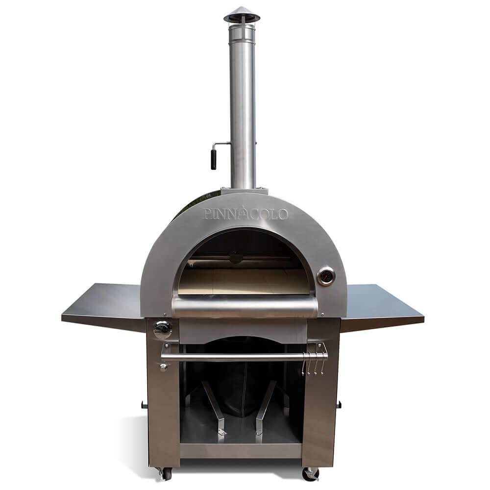 Front view of the stainless steel PINNACOLO IBRIDO dual fuel pizza oven by Fireoneup with the door removed, fully showing the cordierite cooking floor.