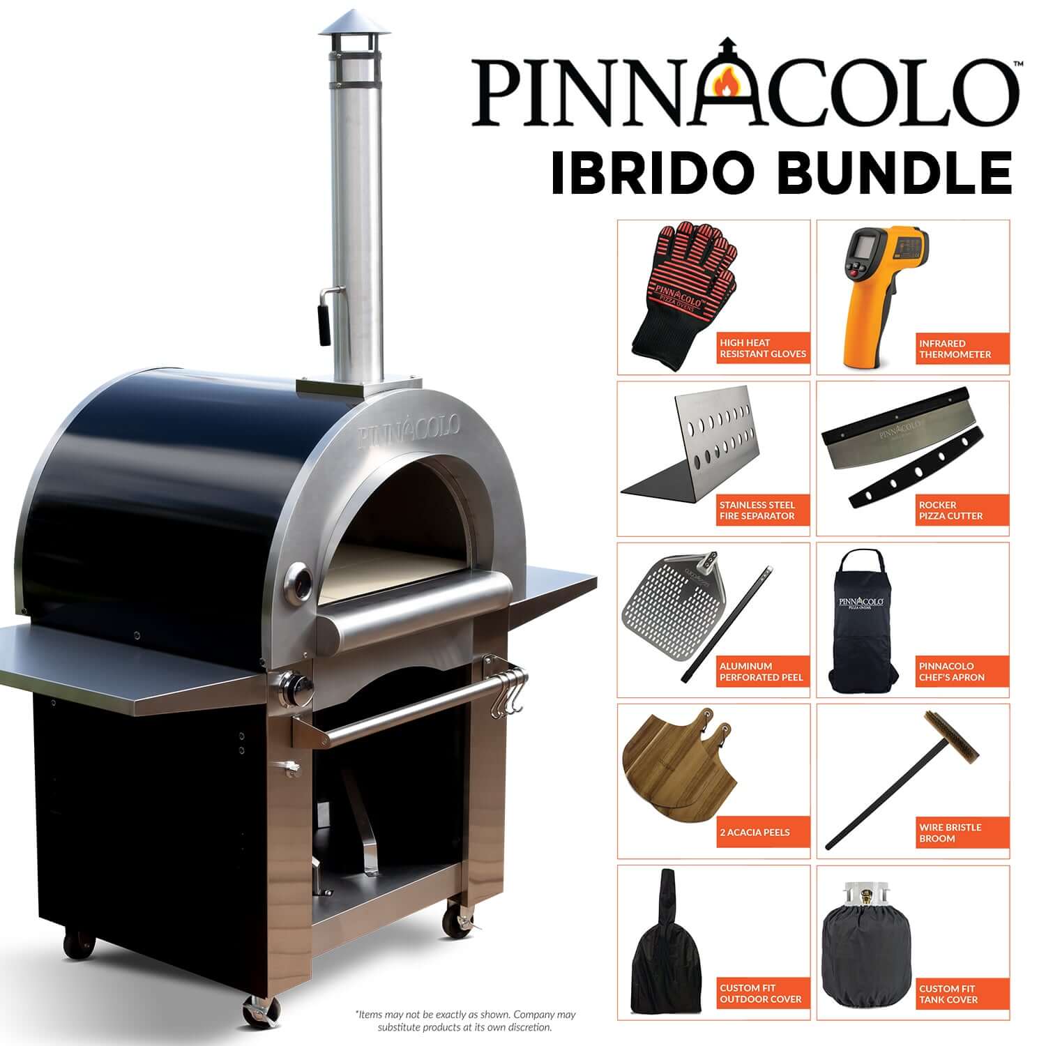 Infographic titled 'PINNACOLO IBRIDO BUNDLE' featuring the oven and ten included accessories: heat-resistant gloves, infrared thermometer, fire separator, pizza cutter, metal peel, apron, two acacia peels, broom, outdoor cover, and gas tank cover.