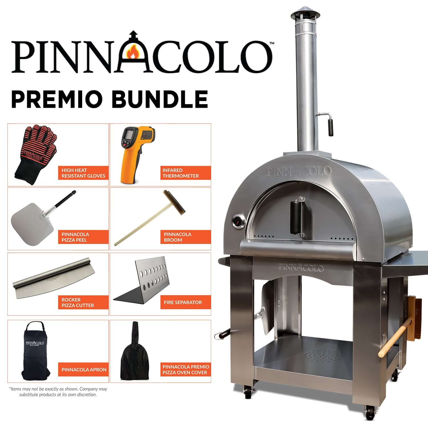 Infographic labeled 'Pinnacolo Premio Bundle' showcasing the PINNACOLO PREMIO Wood-Fired Outdoor Pizza Oven, along with eight accessories: high-heat gloves, thermometer, pizza peel, broom, rocker cutter, fire separator, cover, and spatula.