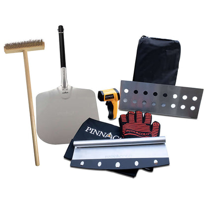 Accessories displayed on a white background, including a cleaning brush, metal pizza peel, infrared thermometer, cutter, heat gloves, metal separator, and protective cover.
