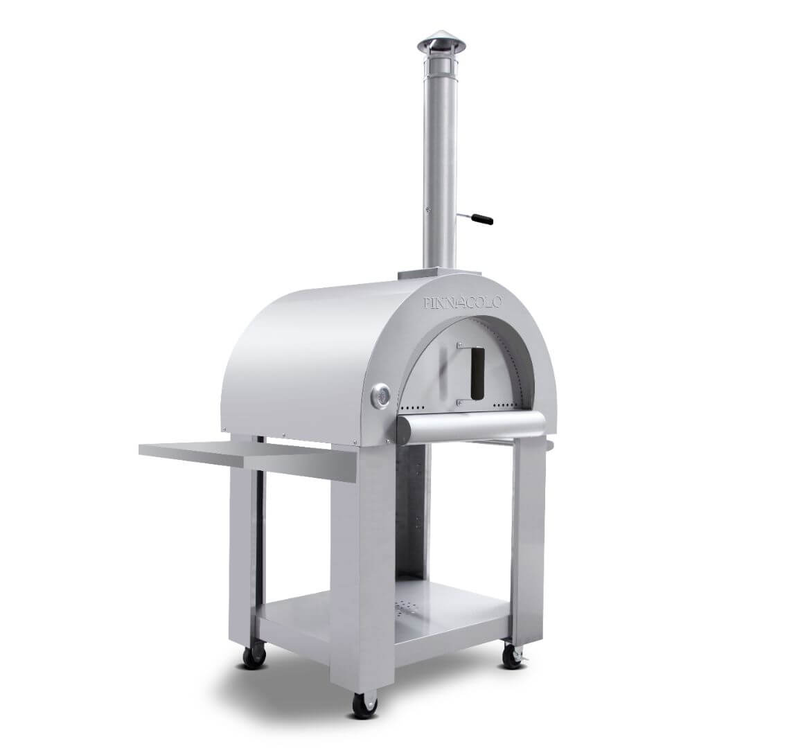 Quarter-side view of the PINNACOLO PREMIO Wood-Fired Outdoor Pizza Oven, with the 'PINNACOLO' logo visible on top.