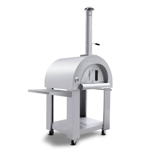 Quarter-side view of the PINNACOLO PREMIO Wood-Fired Outdoor Pizza Oven, with the 'PINNACOLO' logo visible on top.
