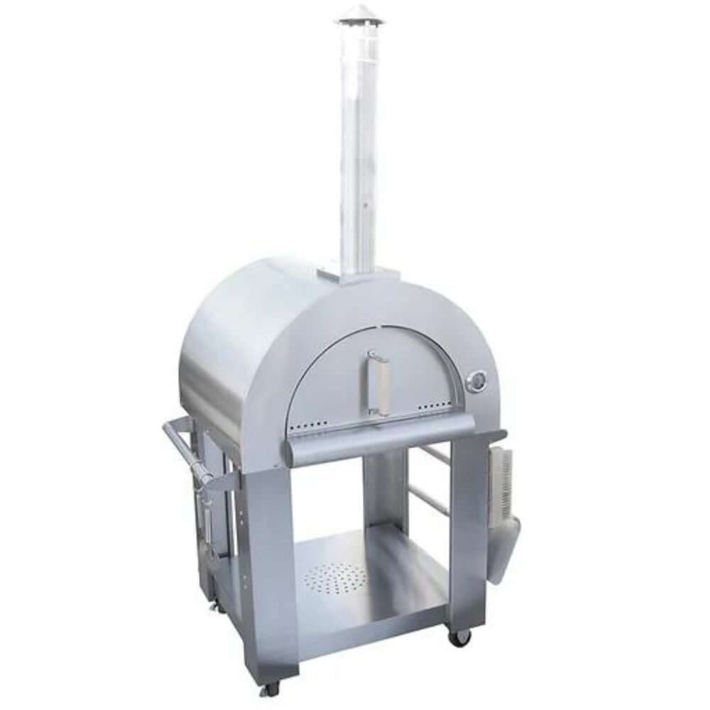 Front-side view of the Kokomo 32” Outdoor Wood-Fired Stainless Steel Pizza Oven & Stand.