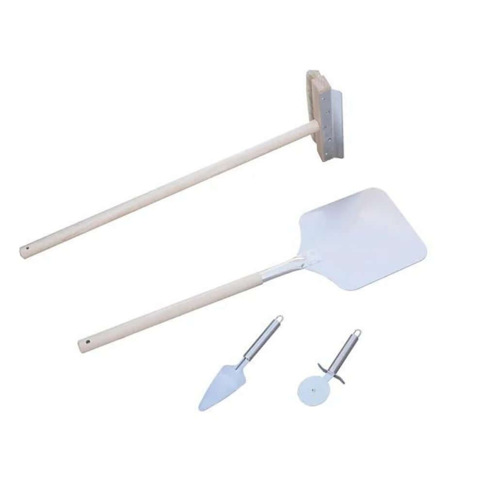 Accessories included with the Kokomo 32” Outdoor Wood-Fired Stainless Steel Pizza Oven & Stand: a four-piece accessory kit featuring a pizza peel, cleaning broom, pizza cutter, and spatula.