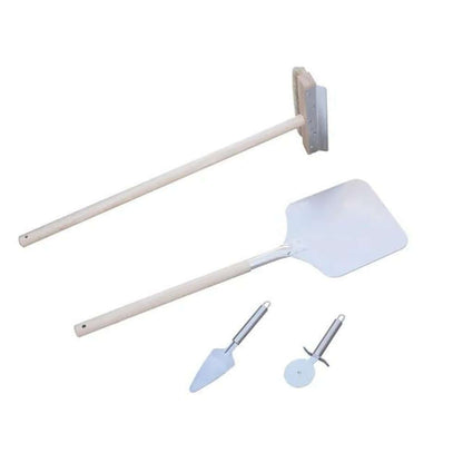 Accessories included with the Kokomo 32” Outdoor Wood-Fired Stainless Steel Pizza Oven & Stand: a four-piece accessory kit featuring a pizza peel, cleaning broom, pizza cutter, and spatula.