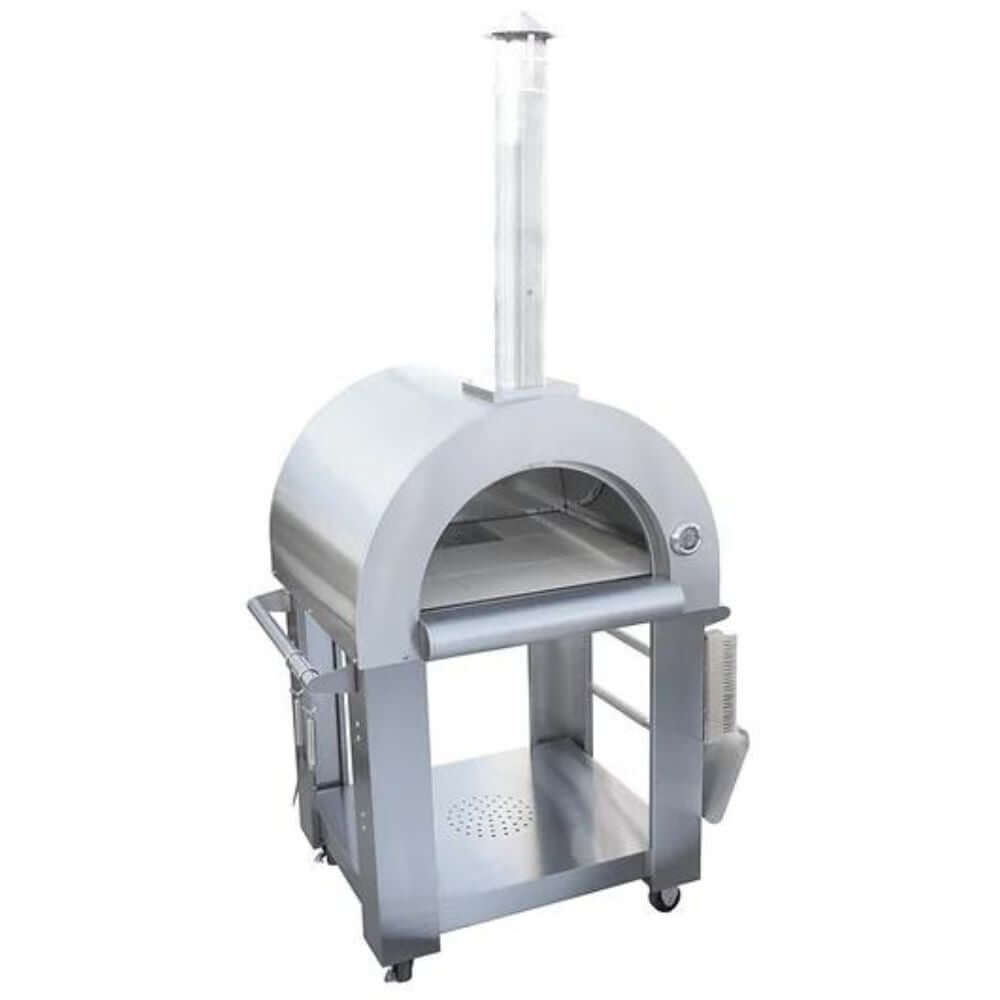 Front-side view of the Kokomo 32” Outdoor Wood-Fired Stainless Steel Pizza Oven & Stand with the door open.