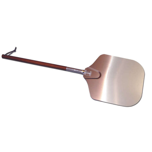30-inch aluminum blade pizza peel by Tuscan Chef Ovens with a hardwood handle featuring an engraved logo.