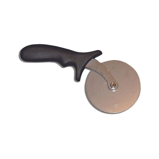 Tuscan Chef 4-inch stainless steel rotary-blade pizza cutter with an easy-grip handle.