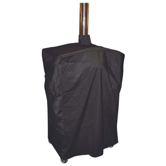 Black polyester protective cover fitted on a Tuscan Chef Oven, with the chimney extending through the cover’s built-in opening.