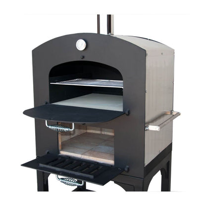 Tuscan Chef Medium Portable Family Pizza Oven with Cart (Model GX-C2) – Front view showcasing both open doors of the top cooking surface and bottom firebox chamber.