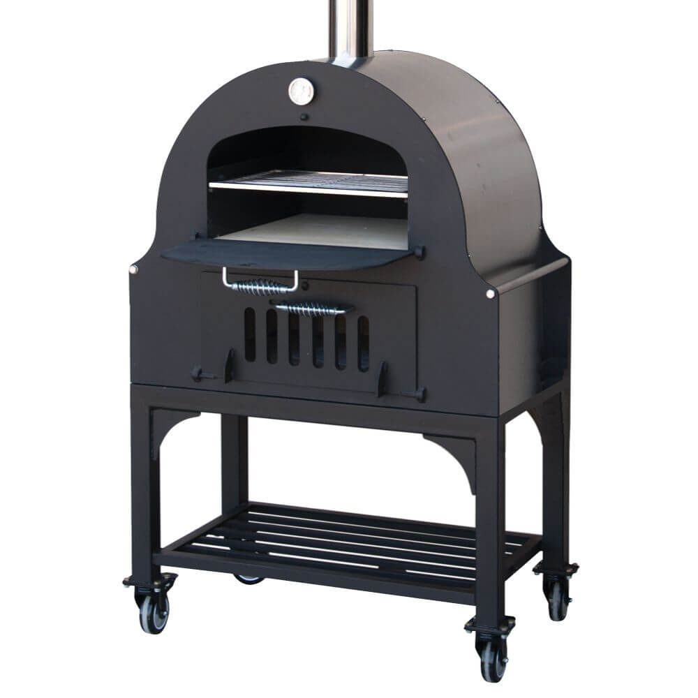 Zoomed-in front-side view of the Tuscan Chef Medium Portable Pizza Oven with Cart (Model GX-B1).