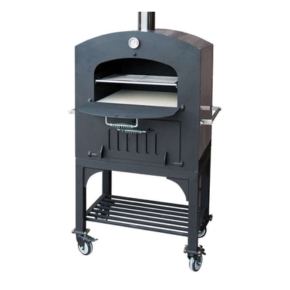 Zoomed-in front-side view of the Tuscan Chef Medium Portable Family Pizza Oven with Cart (Model GX-C2) with the door open.
