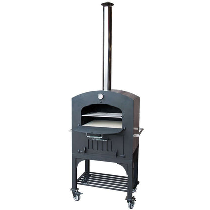 Front-side view of the Tuscan Chef Medium Portable Family Pizza Oven with Cart (Model GX-C2) with the door open.